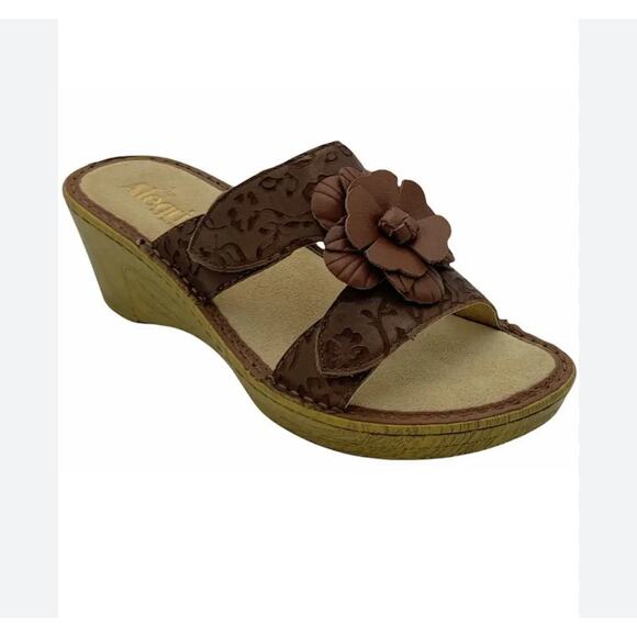 Alegria Brown Tooled Leather Floral Applique Wedge Sandal - Picture 1 of 8